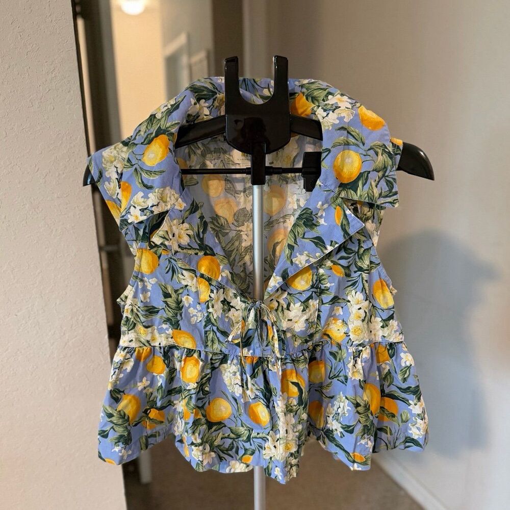 Maeve by Anthropologie Floral Lemon Print Tie-Front Babydoll Top Women’s Small